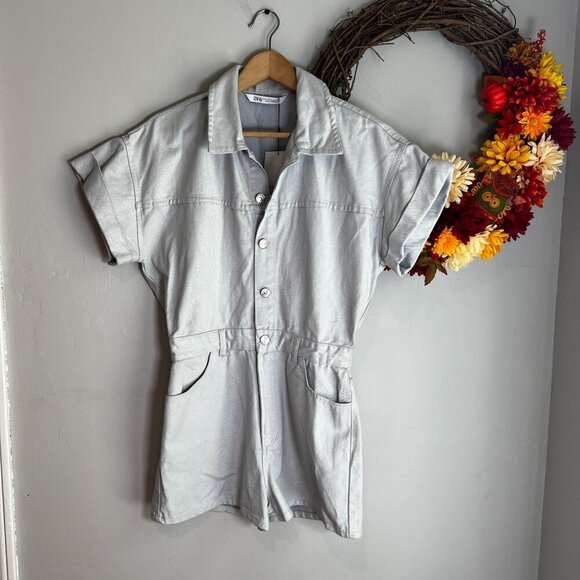 Zara Shimmer Metalic Short Sleeve Denim Romper MEDIUM in Silver Cotton - Picture 1 of 11